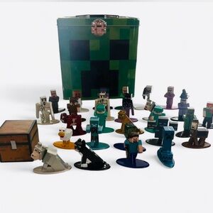 Minecraft Mini Figure Lot w/ Creeper Storage Tin + 28 Figures Animals & Mobs